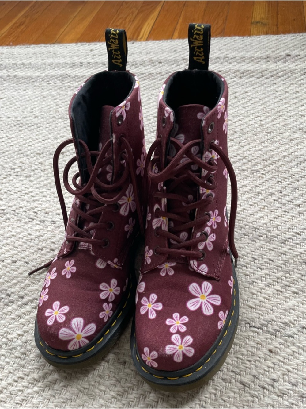 Dr. Martens Women's Burgundy Floral Lace-Up Boots with Pink Flowers